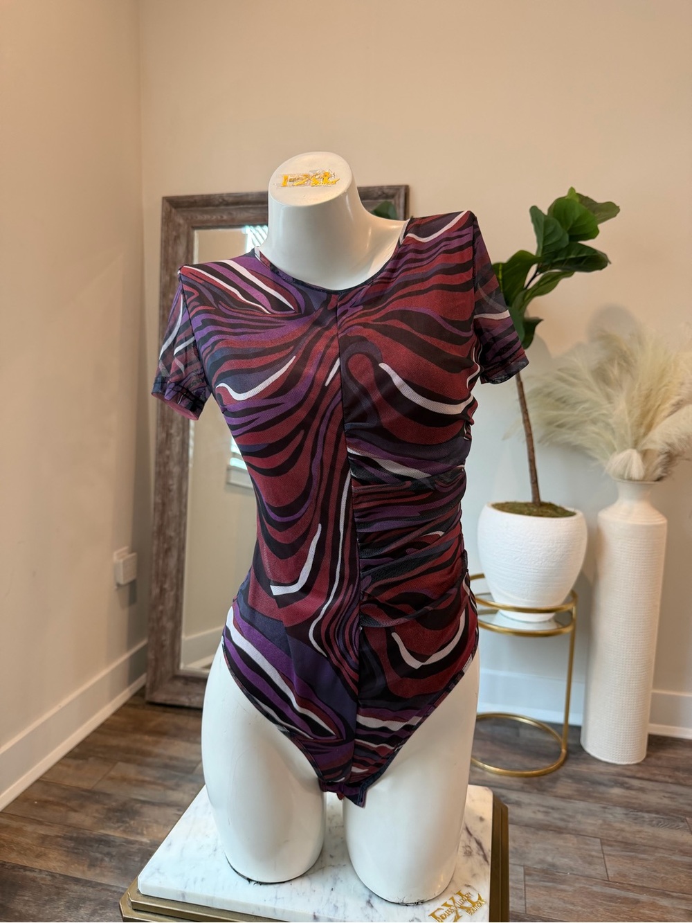 Ruched Wave-Print Short Sleeve Bodysuit - Purple Multi - Picture 1 of 1
